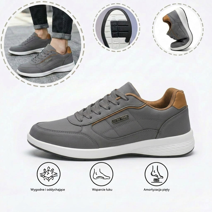 Wygodne buty ortopedyczne — z podparciem łuku stopy, łagodzące ból; lekkie, amortyzujące, z wodoodporną skórzaną cholewką.