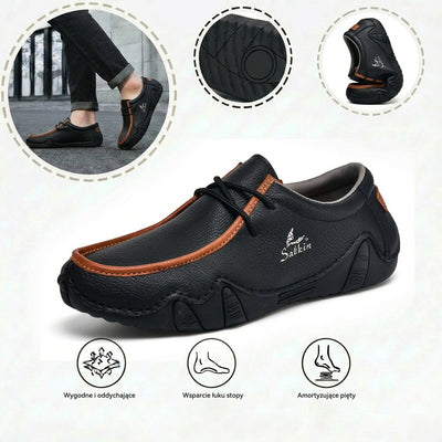 Wygodne buty ortopedyczne — ergonomiczne podparcie łuku stopy, łagodzące ból, szeroki krój, który nie uciska stóp.