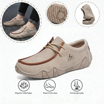 Wygodne buty ortopedyczne — ergonomiczne podparcie łuku stopy, łagodzące ból, szeroki krój, który nie uciska stóp.