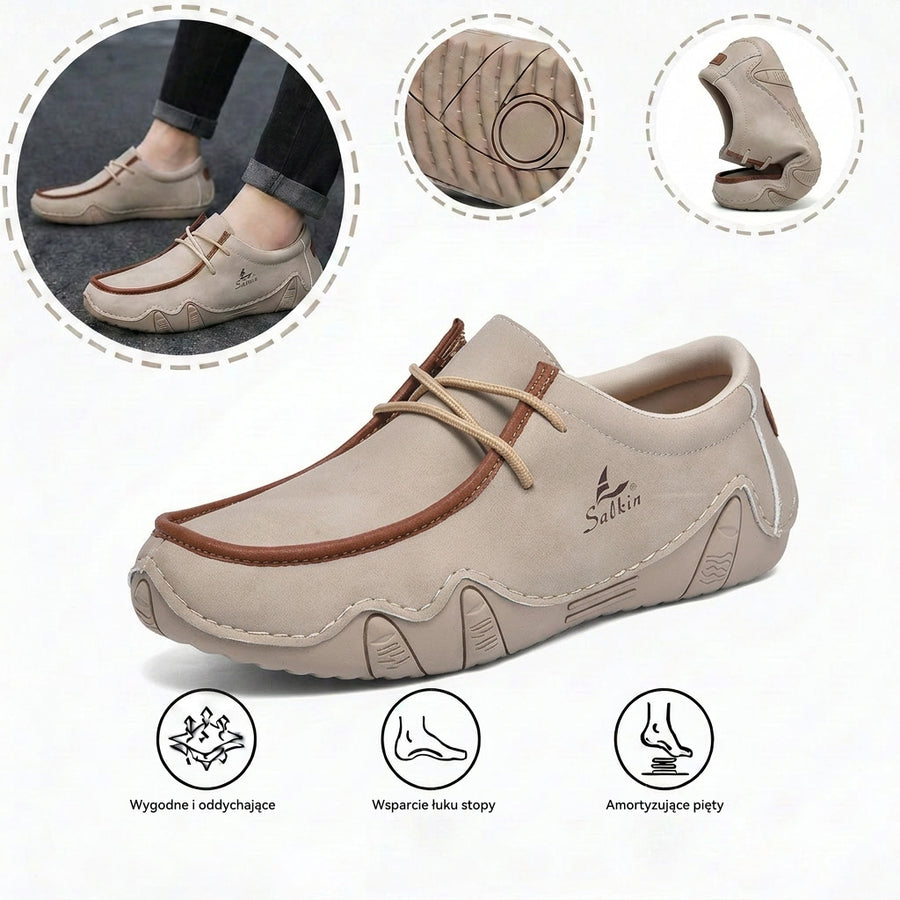Wygodne buty ortopedyczne — ergonomiczne podparcie łuku stopy, łagodzące ból, szeroki krój, który nie uciska stóp.
