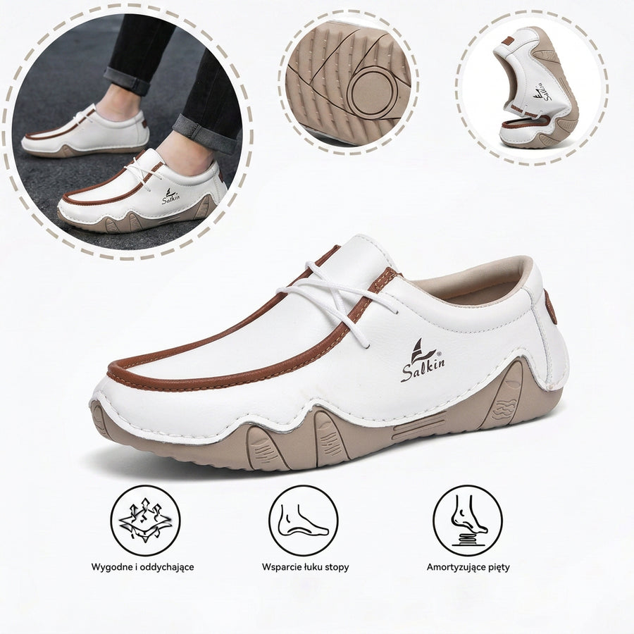 Wygodne buty ortopedyczne — ergonomiczne podparcie łuku stopy, łagodzące ból, szeroki krój, który nie uciska stóp.