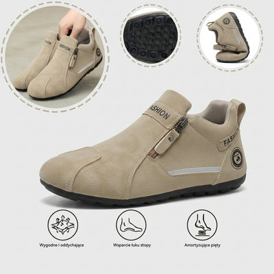 Wygodne buty ortopedyczne — ergonomiczne podparcie łuku stopy, łagodzące ból, szeroki krój, który nie uciska stóp.