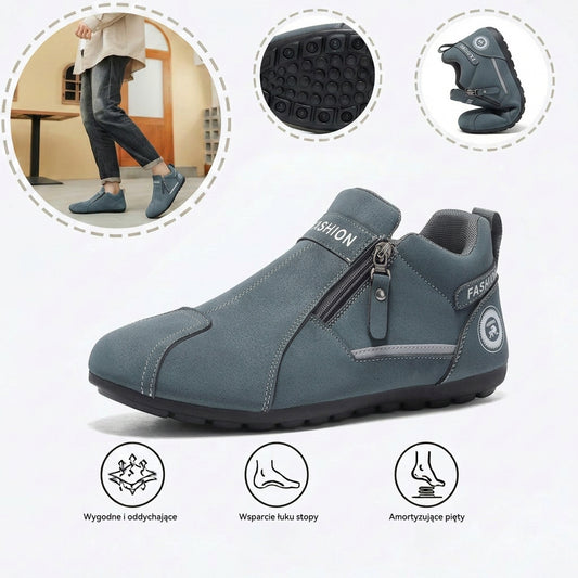 Wygodne buty ortopedyczne — ergonomiczne podparcie łuku stopy, łagodzące ból, szeroki krój, który nie uciska stóp.