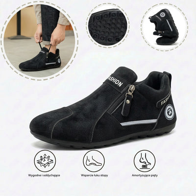 Wygodne buty ortopedyczne — ergonomiczne podparcie łuku stopy, łagodzące ból, szeroki krój, który nie uciska stóp.