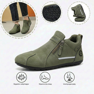 Wygodne buty ortopedyczne — ergonomiczne podparcie łuku stopy, łagodzące ból, szeroki krój, który nie uciska stóp.