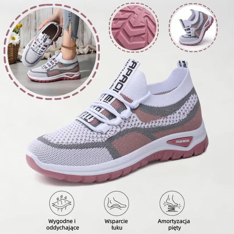 Casowe buty ortopedyczne w kontrastowych kolorach — wsparcie łuku stopy, ultralekka, amortyzująca gruba podeszwa, oddychająca cholewka wykonana techniką flyknit