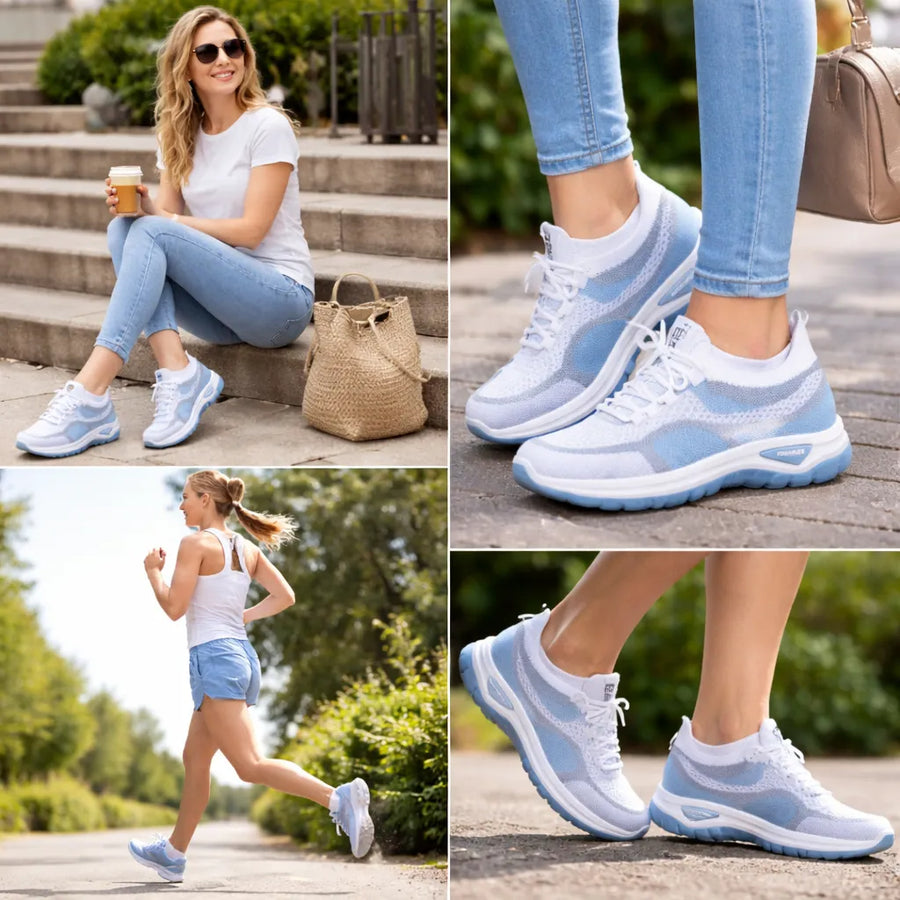 Casowe buty ortopedyczne w kontrastowych kolorach — wsparcie łuku stopy, ultralekka, amortyzująca gruba podeszwa, oddychająca cholewka wykonana techniką flyknit