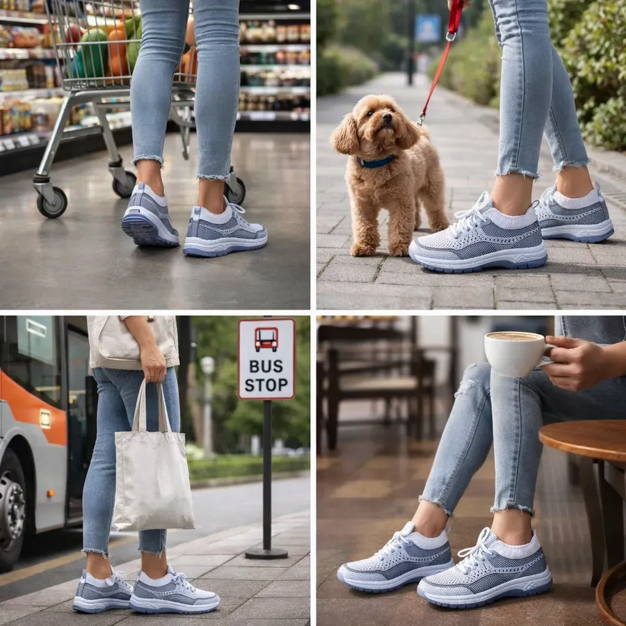 Casowe buty ortopedyczne w kontrastowych kolorach — wsparcie łuku stopy, ultralekka, amortyzująca gruba podeszwa, oddychająca cholewka wykonana techniką flyknit
