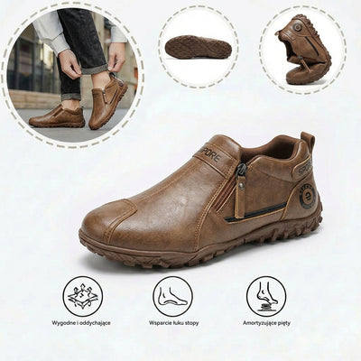 Wygodne buty ortopedyczne — z podparciem łuku stopy, łagodzące ból; lekkie, amortyzujące, z łatwą w pielęgnacji skórzaną cholewką.