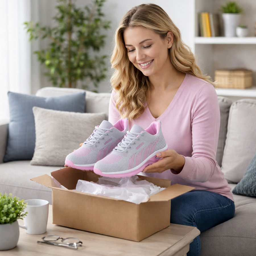 Ortopedyczne buty sportowe z siateczki – wsparcie łuku stopy, amortyzacja, ochrona kolan, oddychające i suche.