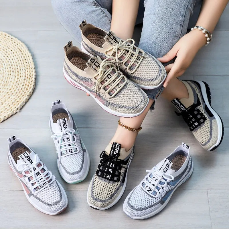Casowe buty ortopedyczne w kontrastowych kolorach — wsparcie łuku stopy, ultralekka, amortyzująca gruba podeszwa, oddychająca cholewka wykonana techniką flyknit
